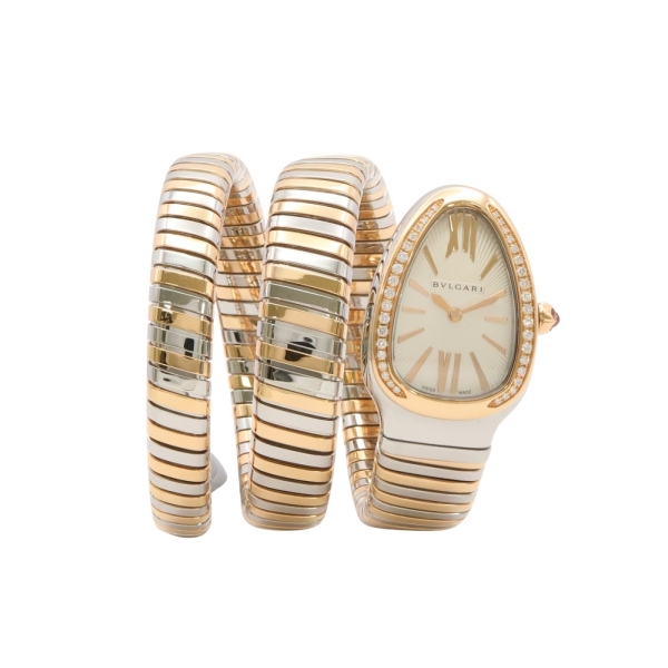 BVLGARI 寶格麗 Serpenti Tubogas 雙圈腕錶 銀色蛋白石錶盤 18K黃金 不鏽鋼 【二手名牌BRAND OFF】