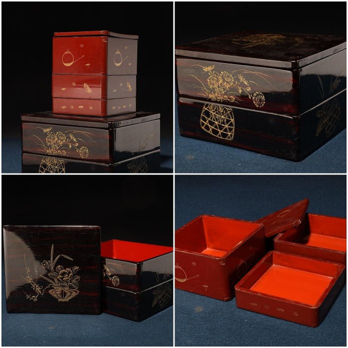 朱漆 如意文小箱｜時代漆器・香合・文箱・古美術 4/4結標日本古漆器蒔繪花籠團扇金彩黑朱重箱二件AEC0835 -漆碗漆盤漆盒