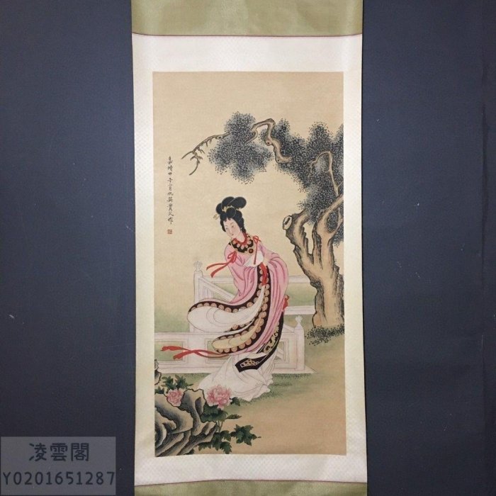 中国古美術・仕女図三尺画芯・純手描き・工筆・彩色画・仇英印款・書道・宣紙・带水印 中国古美術・仕女図三尺画芯・純手描き・工筆・彩色画・仇英印款