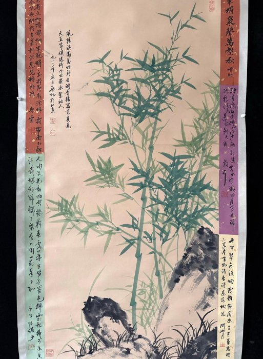 W14【啟功】竹子，左右帶題字和文物商店標，四尺手繪作品裝裱好尺寸