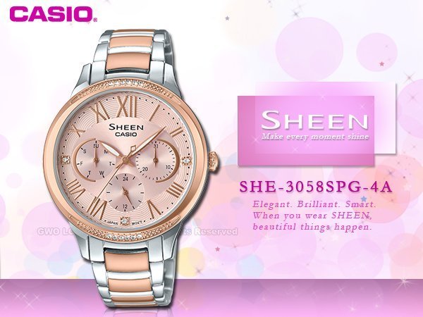 CASIO卡西歐 手錶專賣店 國隆 SHEEN SHE-3058SPG-4A 三眼指標女錶 不鏽鋼錶帶 玫瑰金 防水 新