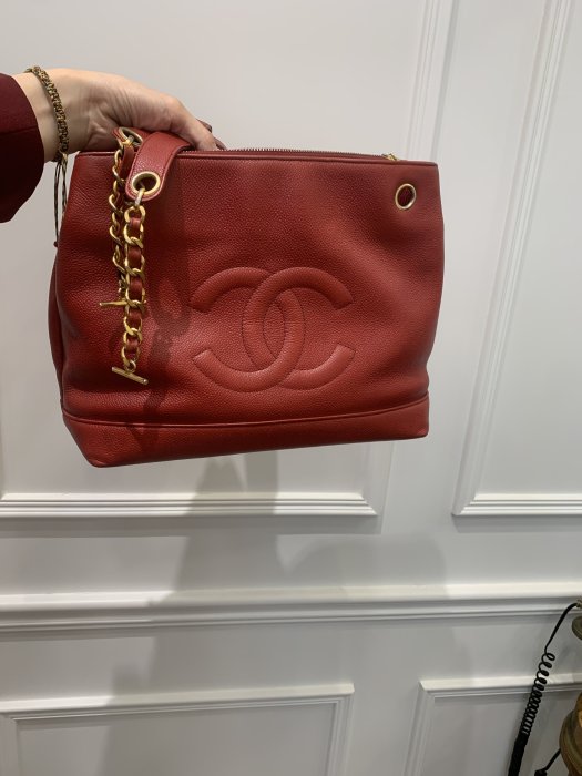 Chanel vintage 大紅色荔枝皮托特包 大容量 狀況非常好