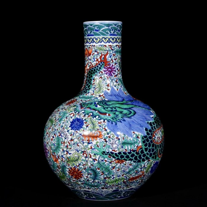 清雍正斗彩龍紋天球瓶40/29 厘米瓷器老物件藝術文玩古董古玩收藏【二手
