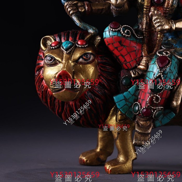 尼泊爾寺院收老純銅純手工打造鑲嵌寶石彩繪描金六臂騎獅護法神重2340克