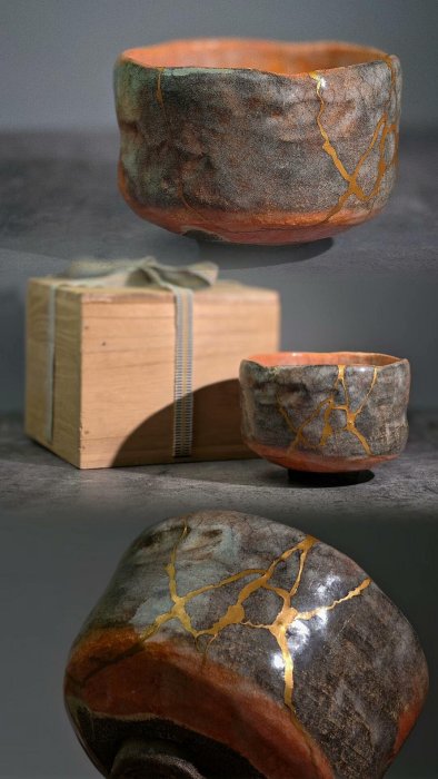 十二代樂吉左衛門弘入樂燒赤樂茶碗，金繕工藝稀世珍品，銘字桐箱收藏