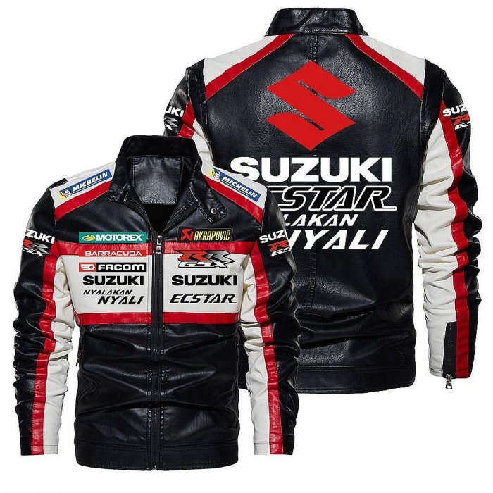 Suzuki重機車騎行服撞色皮夾克鈴木賽車印花復古水洗pu皮衣 防風夾克 機車皮衣 車標皮外套 立領機車外套【滿299元出貨】