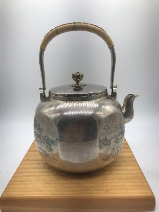 已讓藏』日本老銀壺大師/中川淨益造六角雕刻銀瓶1.2L 底款淨益方