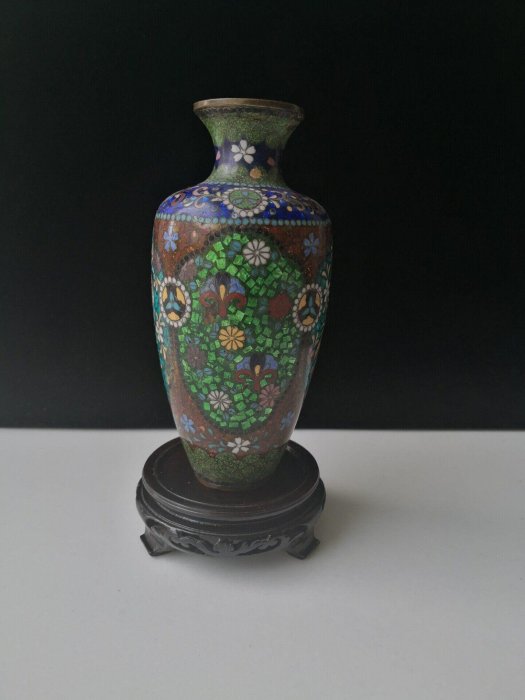 日式古董景泰藍擺件昭和時期七寶燒花瓶掐絲琺瑯藝術品紅綠雙色海外珍藏