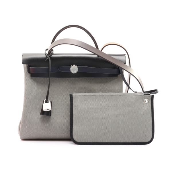 HERMES 愛馬仕 Herbag Zip 31 兩用包 灰色帆布 黑/棕牛皮 W刻 銀扣 【二手名牌BRAND OFF】
