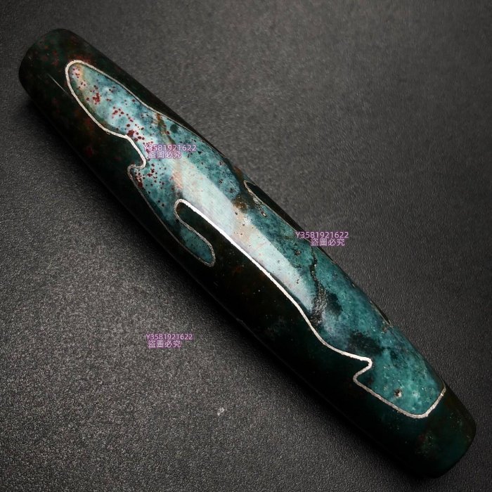 188360藏區迴流老料鑲嵌銀絲滿硃砂【觀音天珠】尺寸76*14毫米重量26克