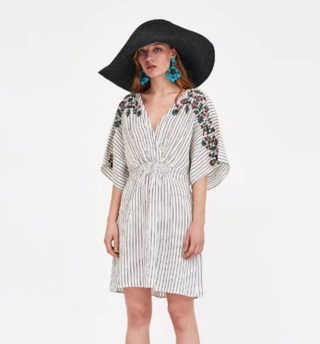 kiki style*歐美品牌前後V領精工刺繡黑白條紋棉麻洋裝zara韓hm鴿子asos渡假topshop波希米亞LU