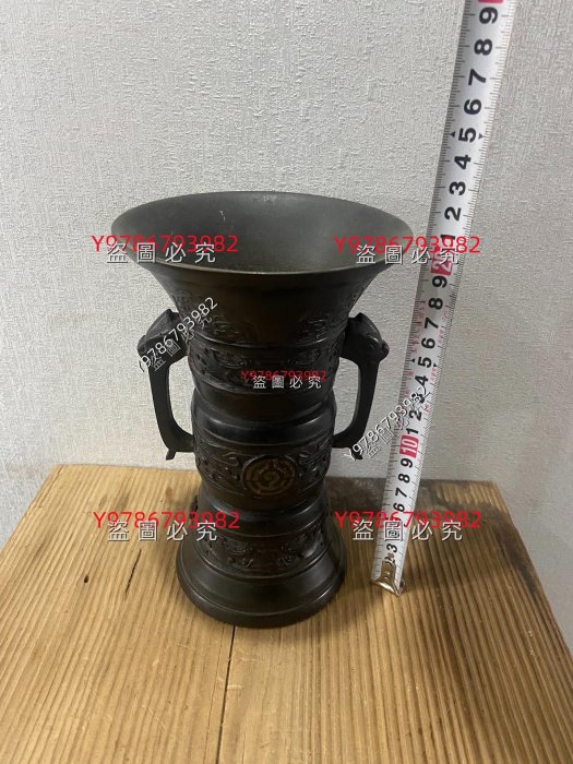 二手】日本回流清代銅花觚中間嵌金銀龍頭雙耳觚身有暗刻和浮雕工藝精湛