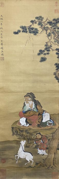 趙孟頫（仙翁圖）絹本舊裱立軸.畫心尺寸107×36㎝藏品老貨舊藏【麒麟