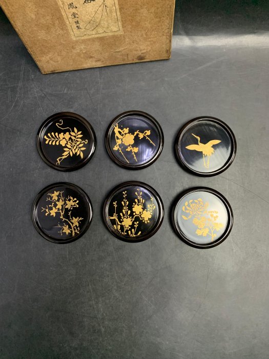 藏舊尋寶屋】老日本仙台土產錦鳳堂高級金蒔繪漆器黑木胎菓子皿/豆皿6入