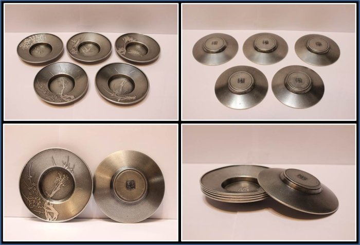 茶道具 錫製茶器 茶入 建水 図替わり茶托5枚 間村自造(製)共箱 時代物 蔵出 茶道具 錫製茶器 茶入 建水 図替わり茶托5枚 間村自造(