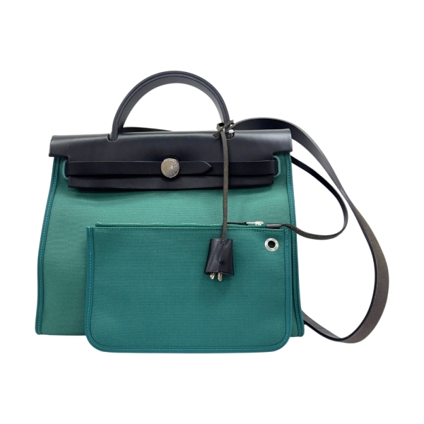 HERMES 愛馬仕 綠色 VERT VERONE Toile calf 帆布 Herbag Zip 31 肩背包 A刻 銀和 【二手名牌BRAND OFF】