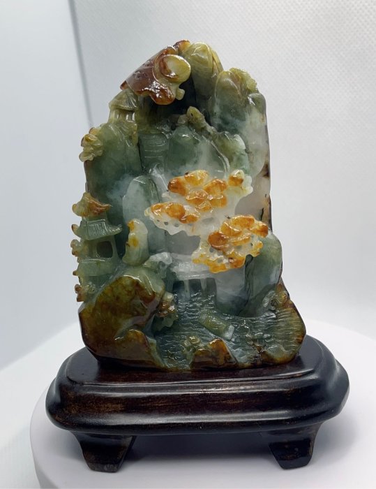 狐狸小舖～天然緬甸翡翠A貨三彩人物山水擺件立體雙面雕雕工精讚巧色巧