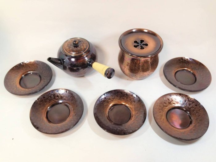 日本古漾】71703日本開新堂銅製茶器茶壺+建水+茶托5客使用品起標價