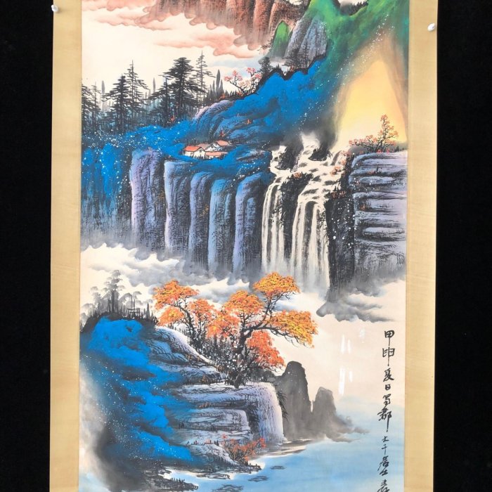 PA85【張大千】山水，四尺扇面精裱純手繪中堂畫，裝裱尺寸232*89cm左右