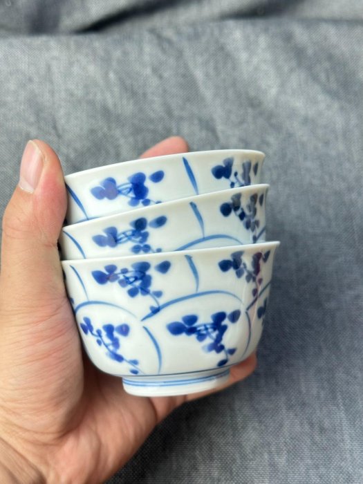 日本回流宋山青花手繪主人杯一套3只手繪青花花紋陶瓷精品茶具泡茶品茗