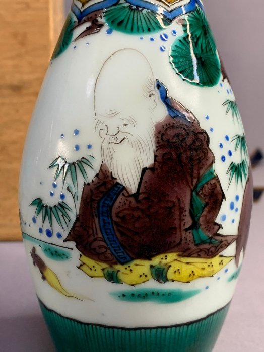 九谷焼　松本佐吉作　色絵松竹梅文　花瓶　共箱　Z　8576 日本瓷器正品九谷燒松本佐吉作手繪松下壽老人圖德利花瓶花器| Yahoo拍賣