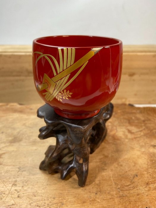 日本輪島塗名匠寺西松太作實木胎朱紅羅漢杯主人杯輪島塗時代名匠杯日本