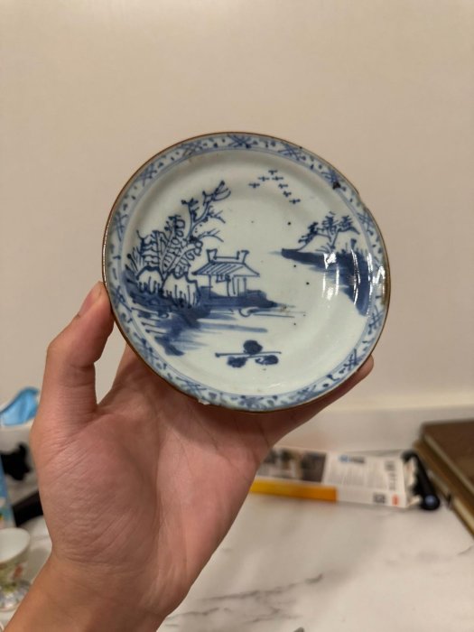 嚴選手繪 青花山水圖案樓閣造型缸 磁器 陶器 染付 美術品