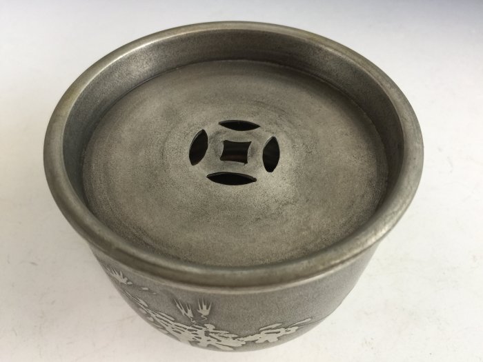 松果坊】日本煎茶道具『林克瑞』製松竹梅紋錫建水茶灑水方s160b