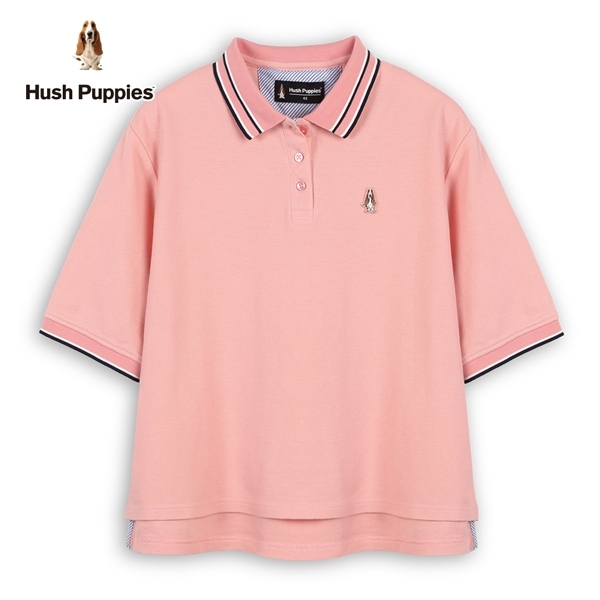 Hush Puppies POLO衫 女裝配色領刺繡小狗短版五分寬袖POLO衫