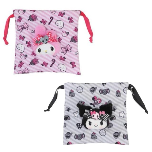 小禮堂 Sanrio 三麗鷗 絨毛大臉造型束口收納包 (粉黑派對) 美樂蒂 酷洛米