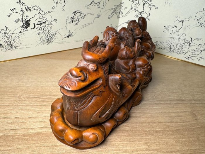 嚴選日本回流手工雕刻老黃楊木雕龍船七福神擺件大約20x7x8.5cm 黃楊木
