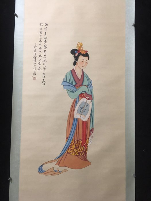 編號TR36四尺中堂畫，張大千的仕女圖，純手工繪畫，實物拍攝一物一圖