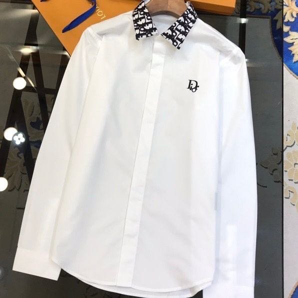 Sale❤️Dior CD 領子經典老花拼接 胸口字母刺繡 男士長袖 短袖襯衫 修身 商務 休閒白襯衫