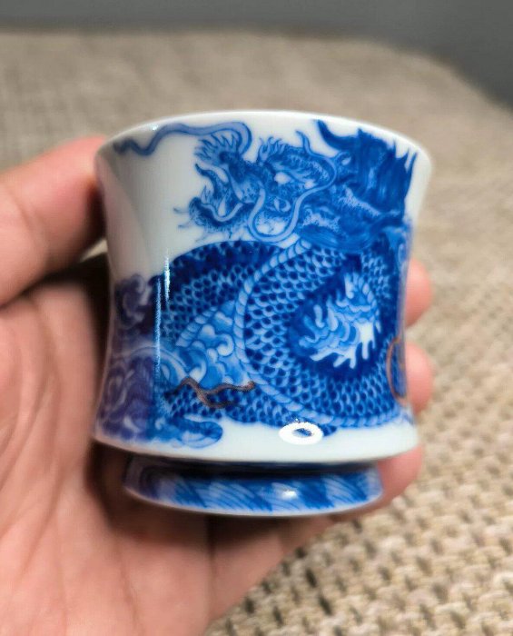 自成堂景德鎮青花龍紋高足竹節杯，手工精湛推薦收藏，80CC主人杯全新
