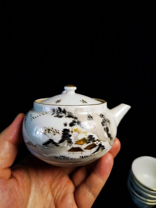 明治時代老急須茶具套組，橫手工藝墨彩繪瓷壸與杯遠景山水圖茶道具推薦