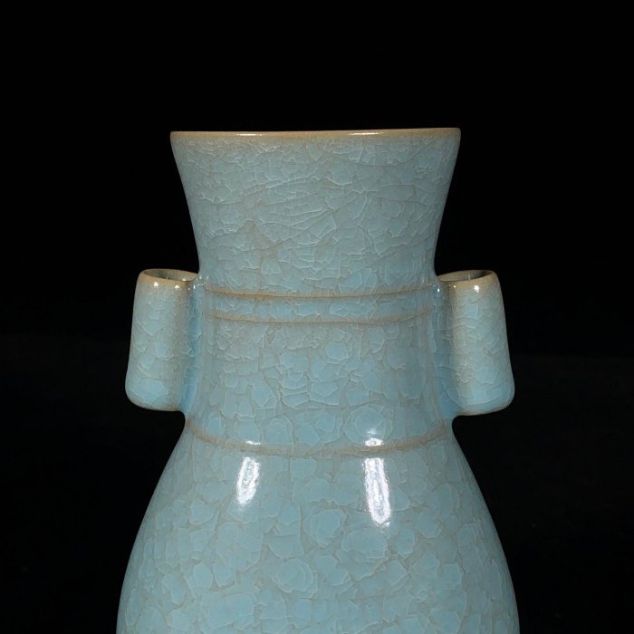 宋汝窯冰裂紋貫耳瓶，高15直徑9cm，500641 瓷器官窯汝窯【古雲