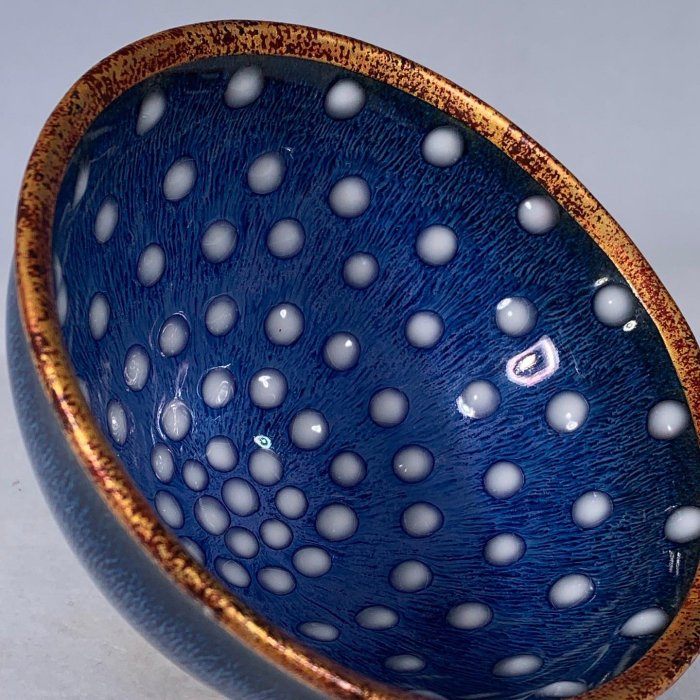宋建窯包口藍釉珍珠斑兔毫盞，高7直徑12.5cm，300219 瓷器官窯汝窯【古