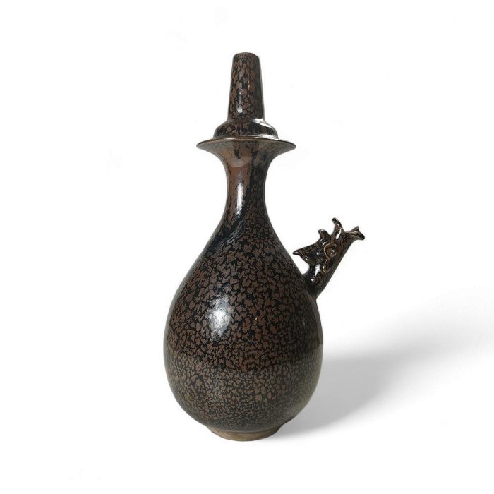 中国 骨董品 瓶 定窑 黑釉瓶 陶芸 古美術。 博古珍藏》宋.磁州窯黑釉油滴龍首淨瓶.早期收藏.