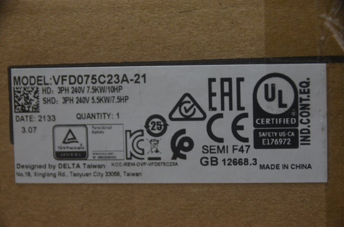 台達變頻器 VFD075C23A 三相220V 10HP，C2000系列