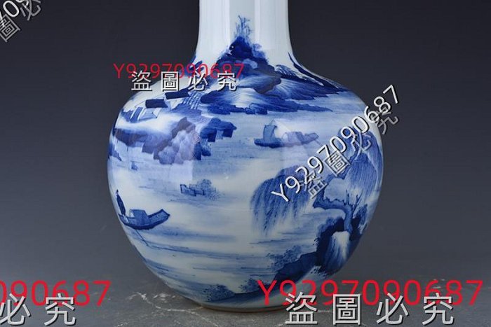清康熙青花人物山水天球瓶45×30厘米舊藏古董古玩【財神到】-254