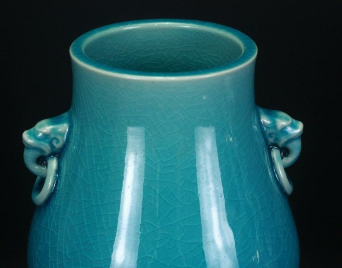 日本洛山滿冰裂紋青釉花瓶原裝木盒均勻冰裂雙耳肚徑14cm 高25 重約