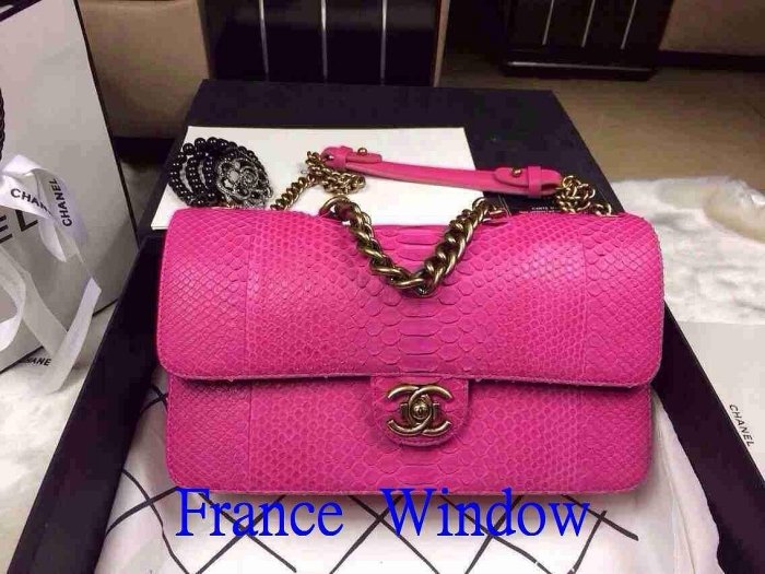 CHANEL香奈兒 孟買 桃紅蟒蛇皮混血包 perfect edge 複古包