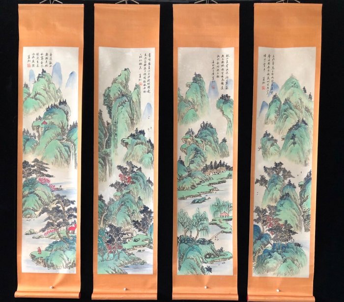 66【黃賓虹】山水，純手繪四條屏，元裱好尺寸高x寬：175x39cm 左右畫芯