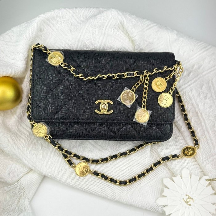 【翰貝格名牌館】全新真品 CHANEL 黑色 菱格紋 荔枝 牛皮 金幣 金鍊 六卡 Woc 斜背包 AP3113
