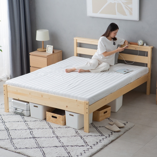 【H&D東稻家居】魚骨雙人5尺松木床架/附插座/床架/原木色