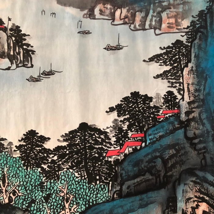 Z425【張大千】山水，六尺橫幅純手繪作品尺寸約：70*178cm左右未裝裱