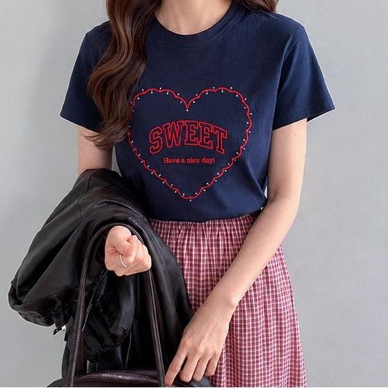 Forever Kids 正韓 串珠心型刺繡點綴T 上衣【E79692】韓國代購