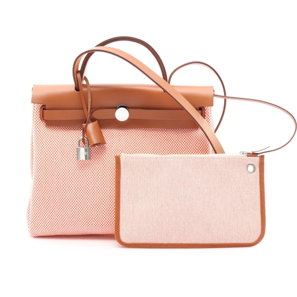 HERMES 愛馬仕 Herbag Zip 31 兩用包 橘色帆布 棕色牛皮 K刻 【二手名牌BRAND OFF】