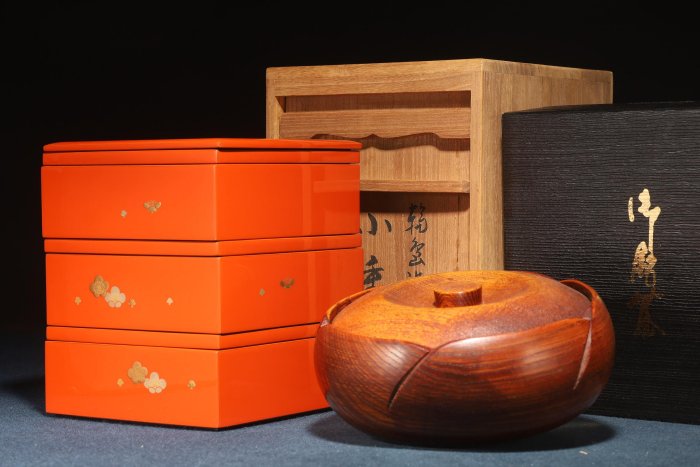 9/23結標木胎漆器輪島塗三段茶箱櫸木整挖蓋茶缽BDI0641 -漆碗漆盤漆盒