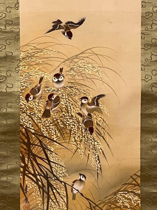 富取東觀創作全新手繪麥穗群雀圖，絹本綾裱全幅藝術品，畫心尺寸